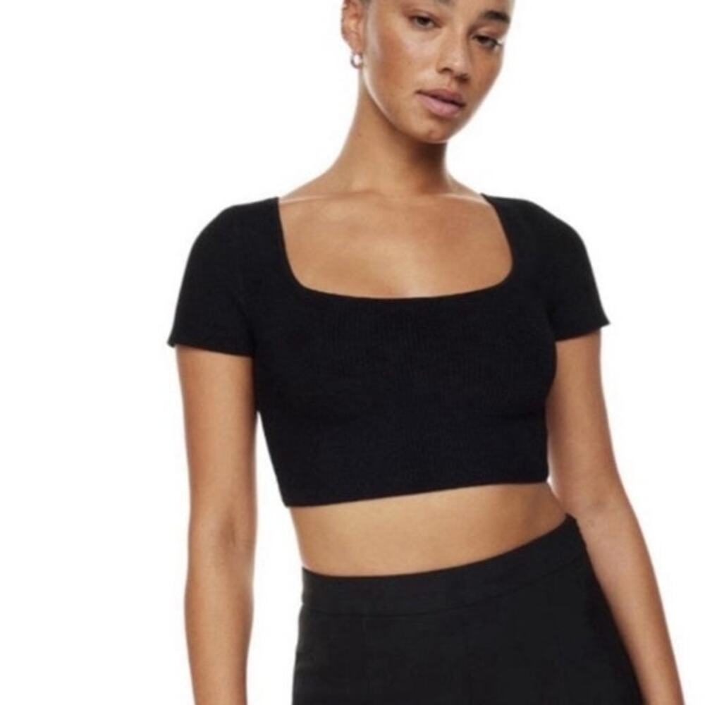 Aritzia Babaton Sculpt Knit Squareneck Top S Black Cropped Ribbed Stretch